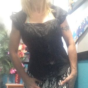 Button up black ruffled blouse